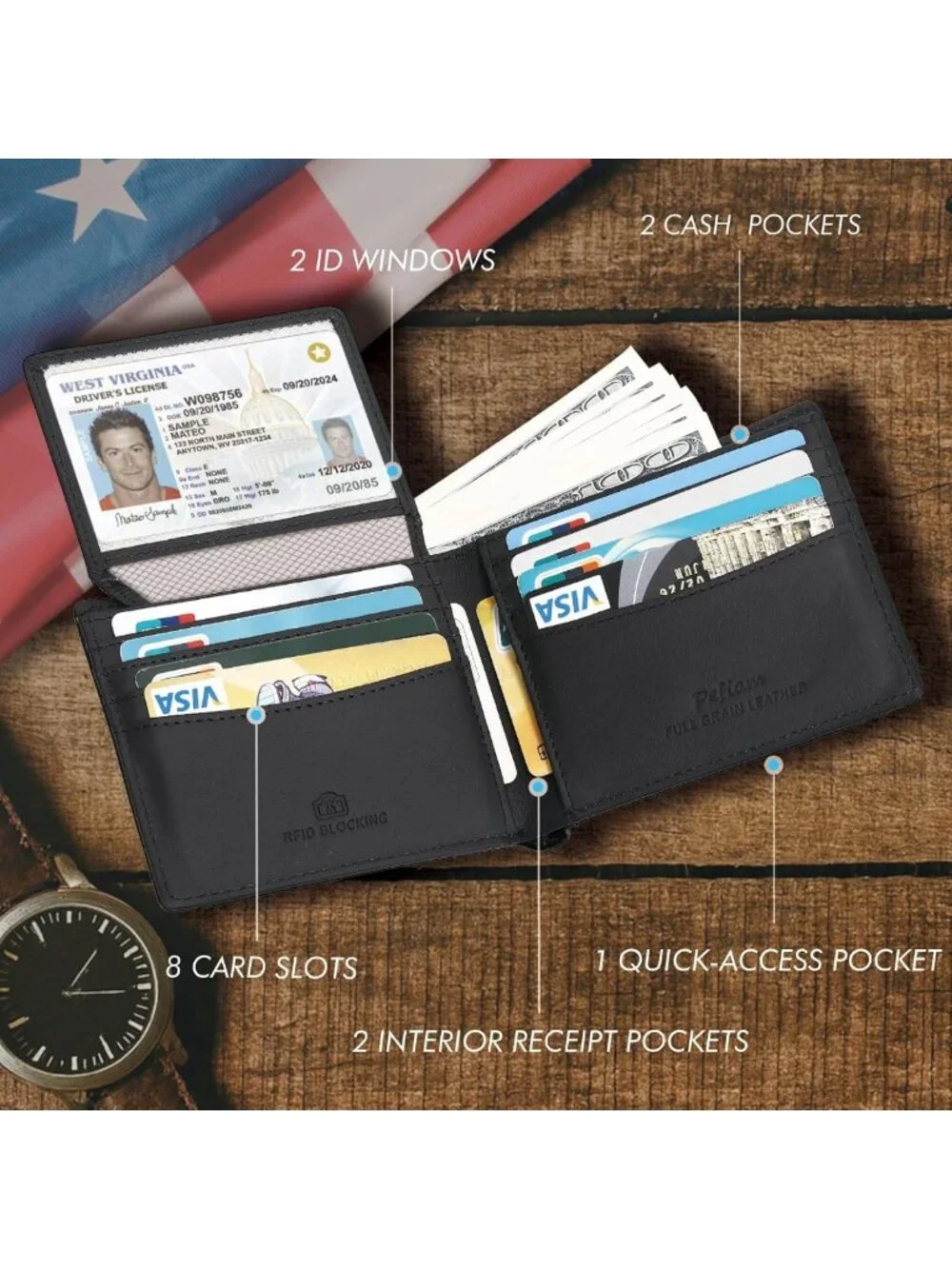 Men's RFID Blocking Bifold Wallet - Full Grain Leather, 2 ID Windows, 13 Card